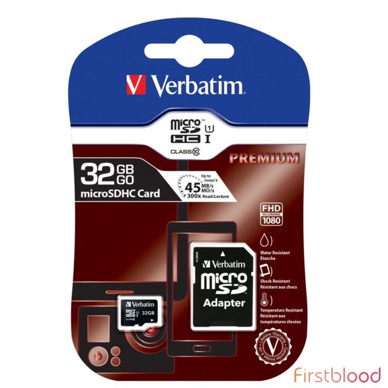 Verbatim 32GB Micro SDHC TF卡 (Class 10) 带SD卡适配器 Up to 45MB/Sec