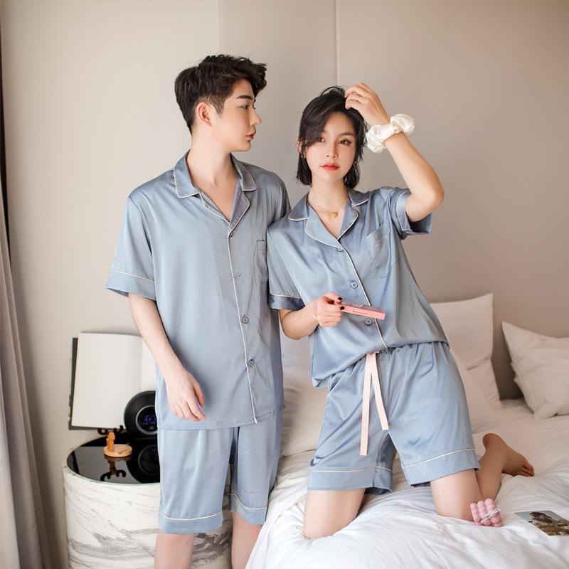 【冰丝】情侣睡衣女短袖韩版简约时尚男士休闲家居服套装