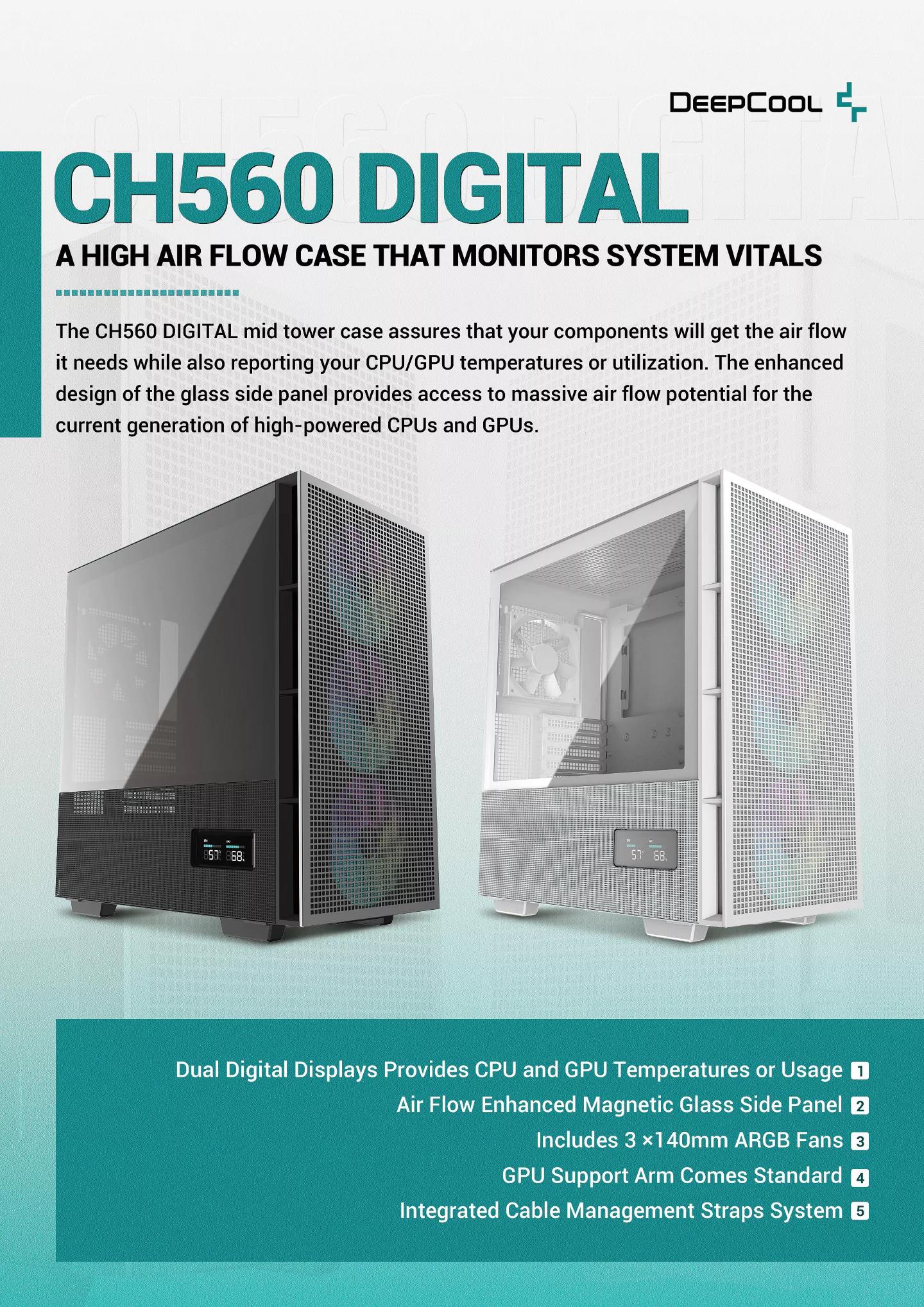 A large marketing image providing additional information about the product DeepCool CH560 Digital Mid Tower Case - Black - Additional alt info not provided