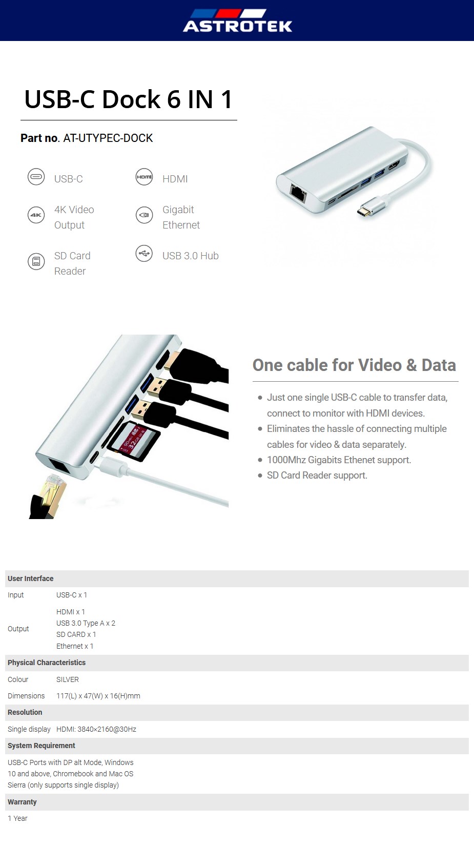 Astrotek AT-UTYPEC-DOCK Thunderbolt USB-C 6-in-1 Dock for MacBook Pro - Overview 1