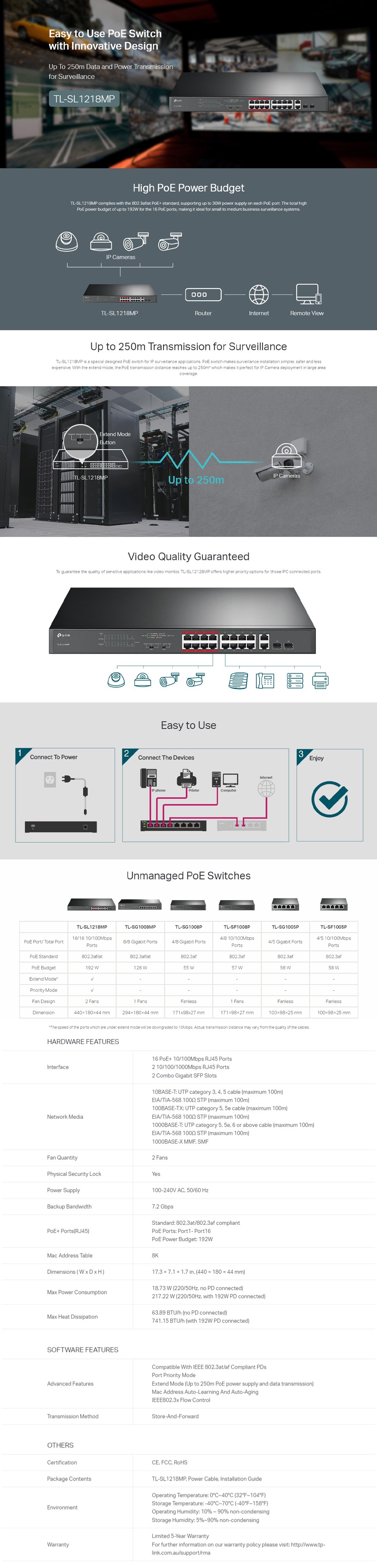TP-Link TL-SL1218MP 16 Port 10/100 Unmanaged PoE Switch with 2 Gigabit SFP Ports - Overview 1