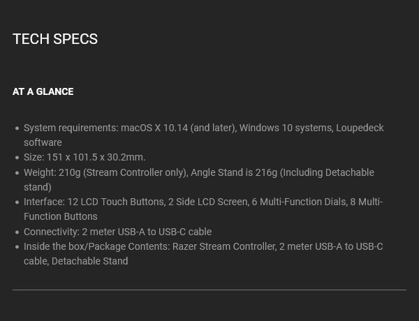 Razer Stream Controller - Desktop Specifications