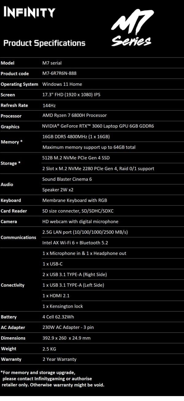 Infinity M 17.3 inch 144Hz Gaming Laptop R7-6800H 16GB 512GB RTX3060 W11H - Desktop Specifications