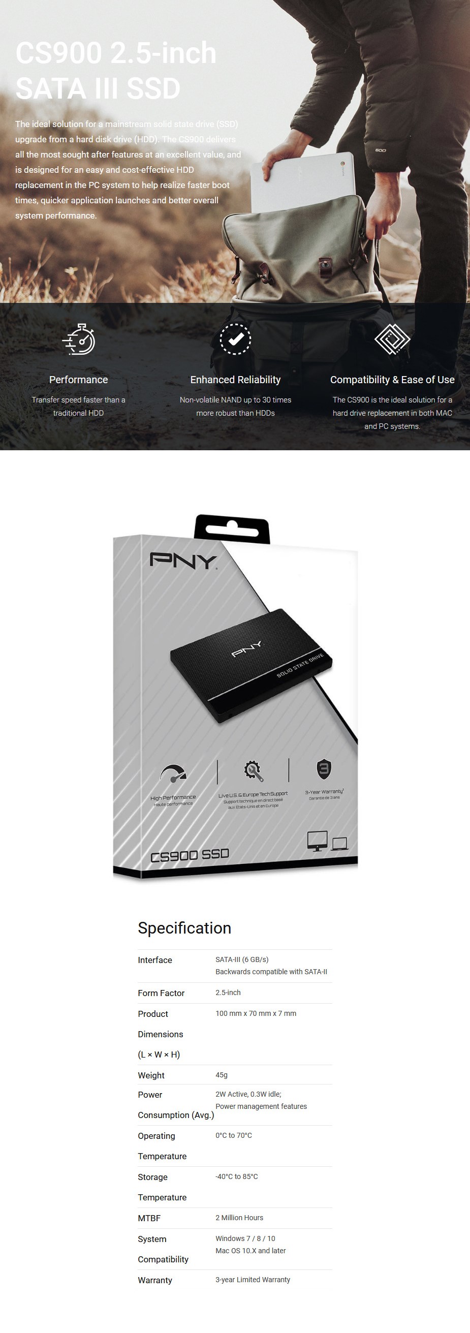 PNY CS900 120GB 2.5" SATA III 6Gb/s SSD SSD7CS900-120-RB - Overview 1