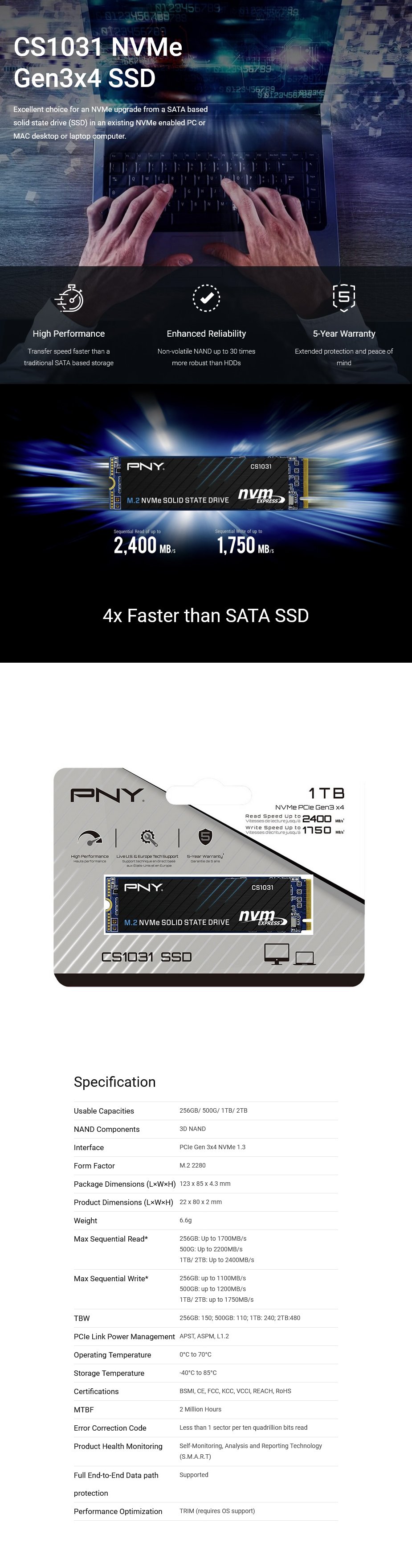 PNY CS1031 1TB PCIe NVMe M.2 2280 SSD - M280CS1031-1TB-CL - Desktop Overview