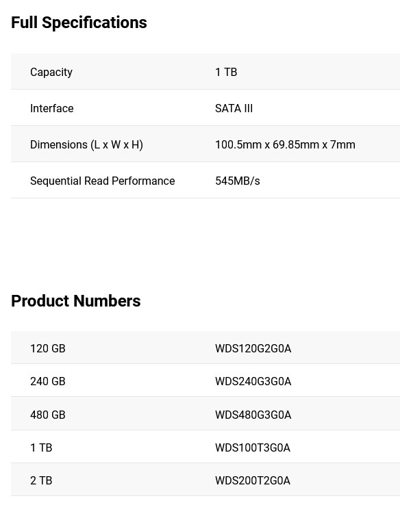 WD Green 1TB 2.5 inch SATA III SSD - WDS100T3G0A - Desktop Specifications