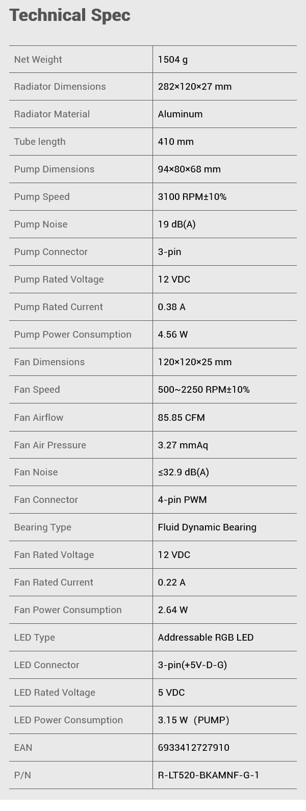 DeepCool LT520 240mm ARGB AIO Liquid CPU Cooler - Desktop Specifications