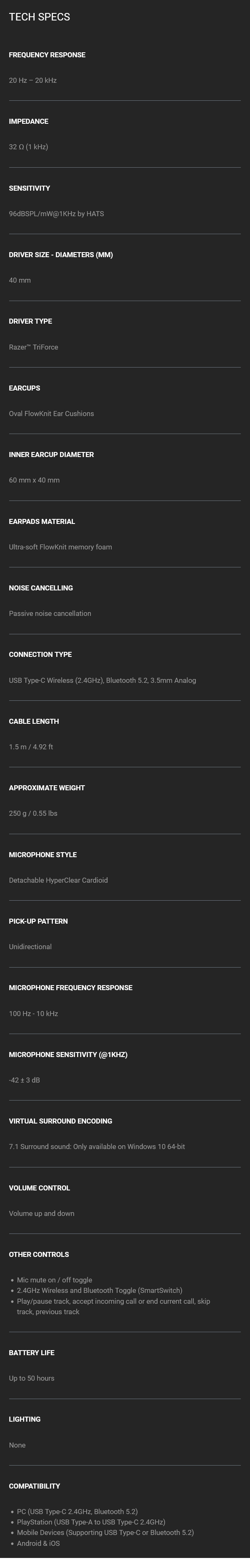 Razer Barracuda X Multi-Platform Wireless Gaming Headset - Mercury White - Specifications