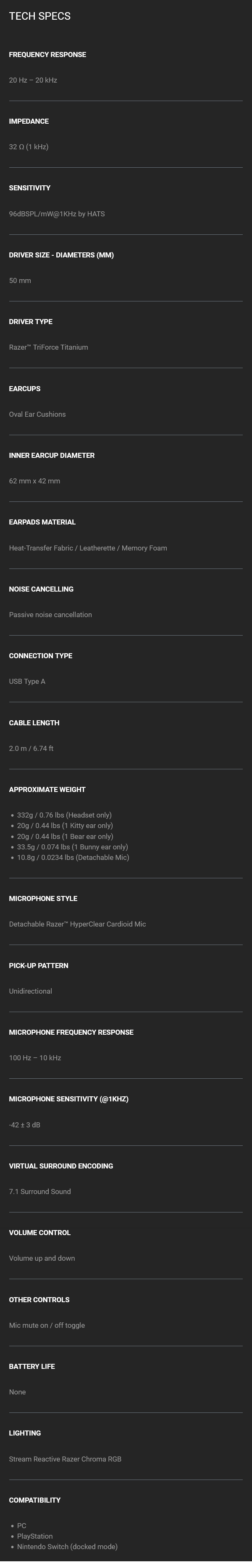 Razer Kraken Kitty V2 Pro Wired RGB Gaming Headset - Black - Specifications