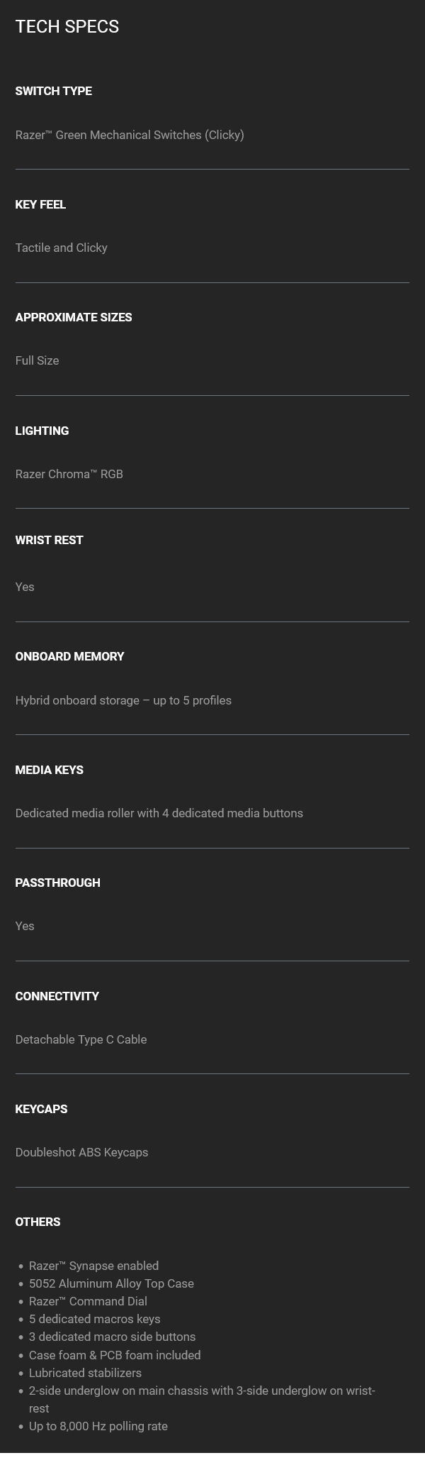 Razer BlackWidow V4 Pro RGB Mechanical Gaming Keyboard - Green Switches - Specifications