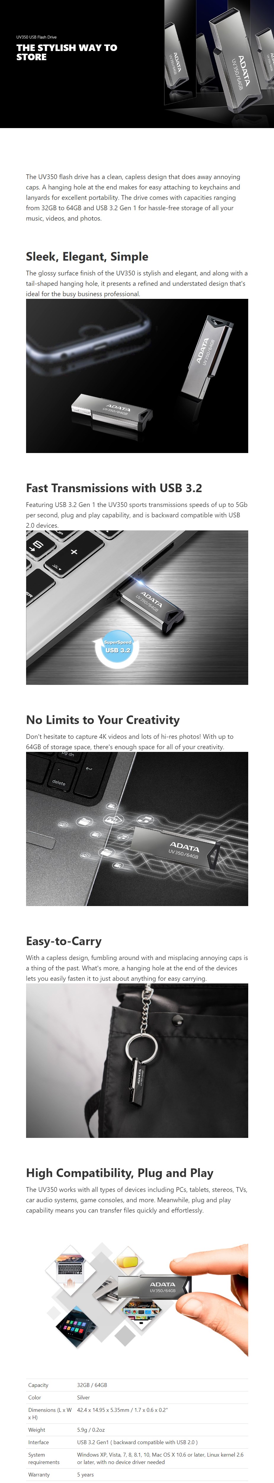 ADATA 64GB UV350 USB 3.2 Flash Drive - Silver - Overview 1
