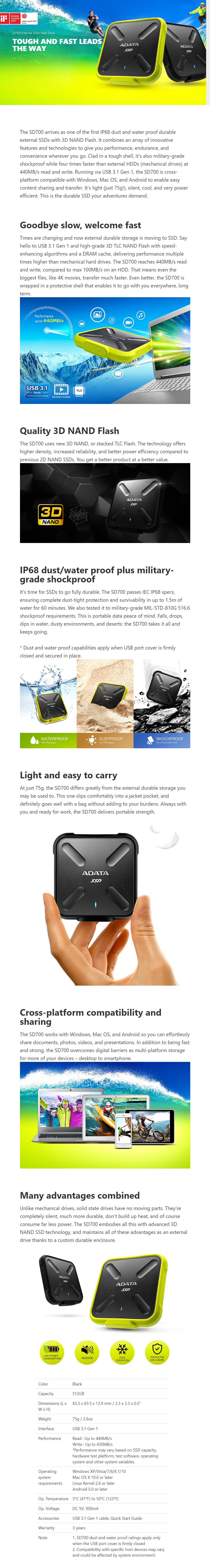 Adata SD700 512GB USB 3.1 Portable External Rugged SSD Hard Drive - Black  - Overview 1