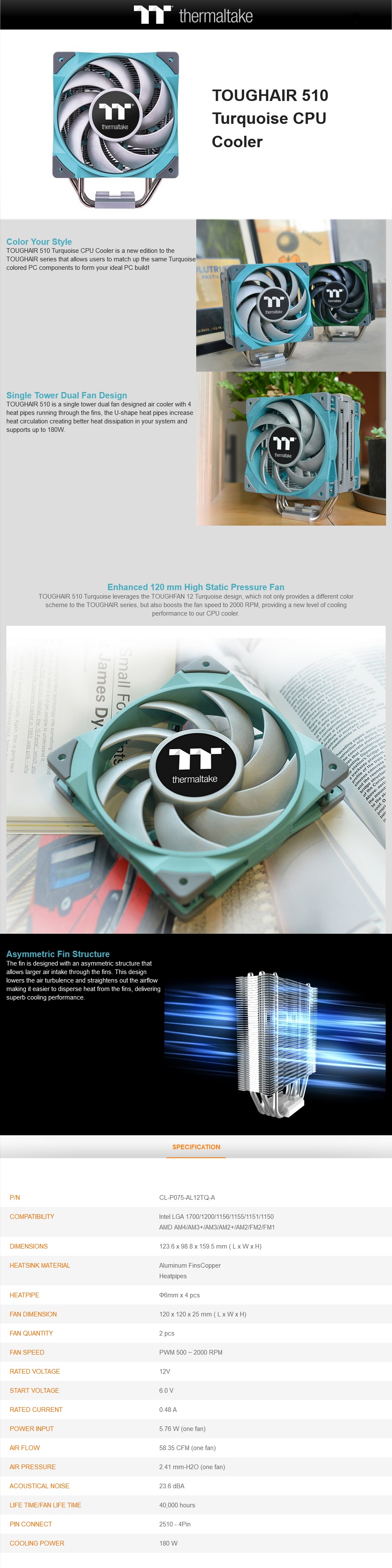 Thermaltake TOUGHAIR 510 Dual Fan CPU Cooler - Turquoise - Overview 1
