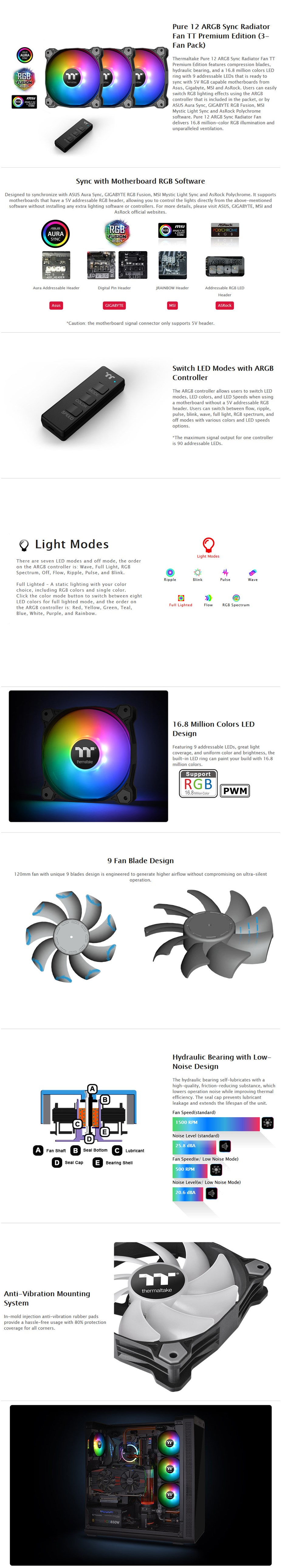 Thermaltake Pure 12 120mm ARGB TT Premium Radiator Fans - 3 Pack - Desktop Overview 1