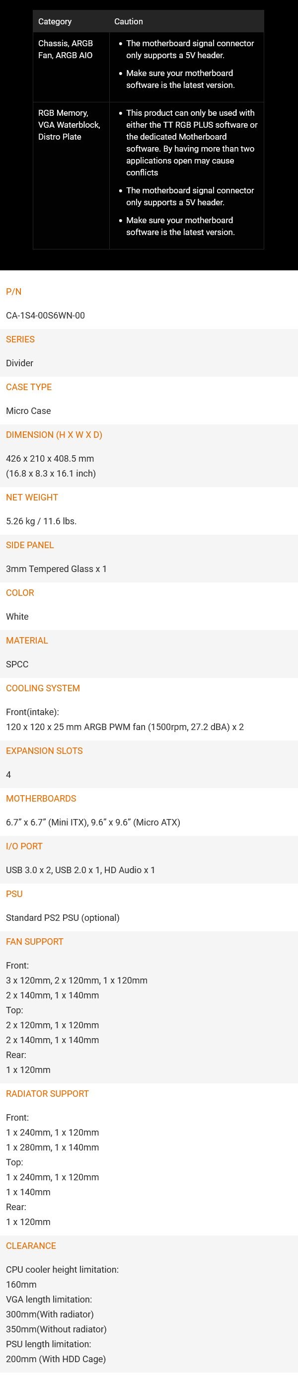 Thermaltake Divider 170 Tempered Glass ARGB Micro-ATX Case - Snow - Desktop Specifications