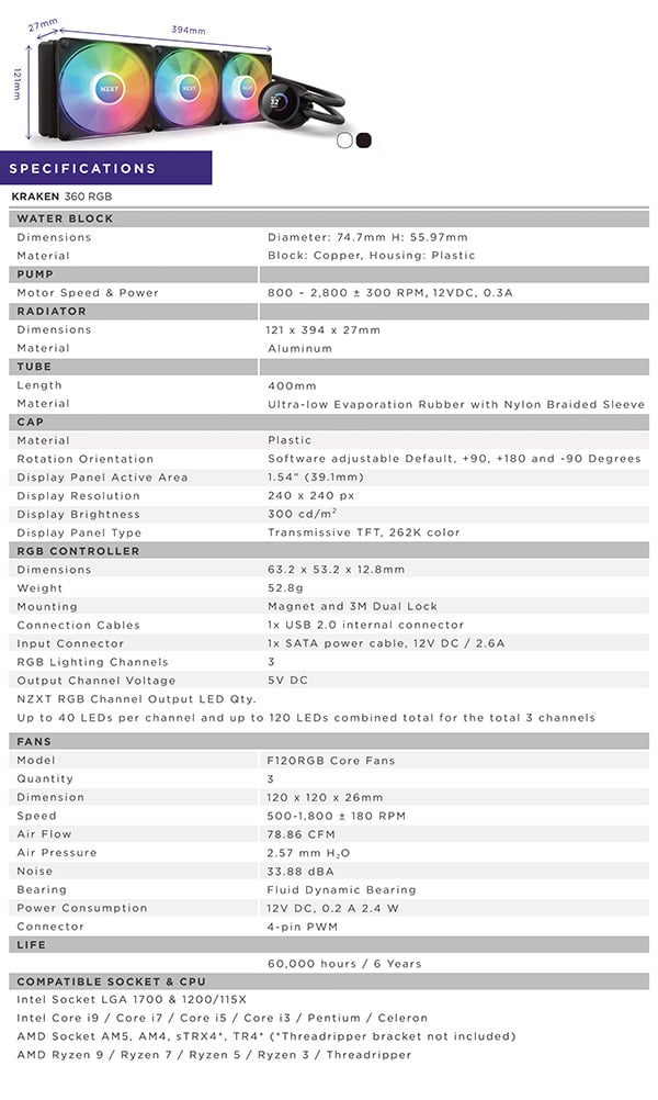 NZXT Kraken 360mm RGB AIO Liquid CPU Cooler - White - Specifications