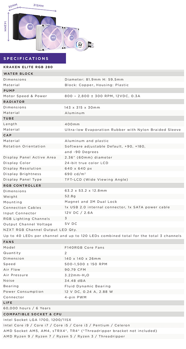 NZXT Kraken Elite RGB 280mm AIO Liquid CPU Cooler - Black - Specifications