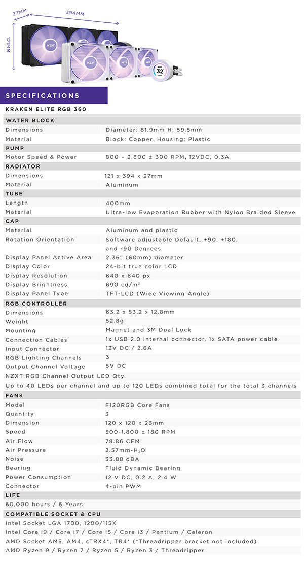 NZXT Kraken Elite RGB 360mm AIO Liquid CPU Cooler - Black - Specifications