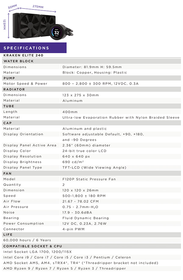 NZXT Kraken Elite 240mm AIO Liquid CPU Cooler - Black - Specifications
