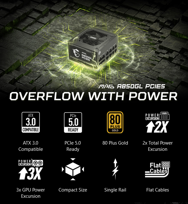 MSI MAG A850GL PCIE5 850W 80+ Gold Fully Modular ATX Power Supply - Desktop Overview 1