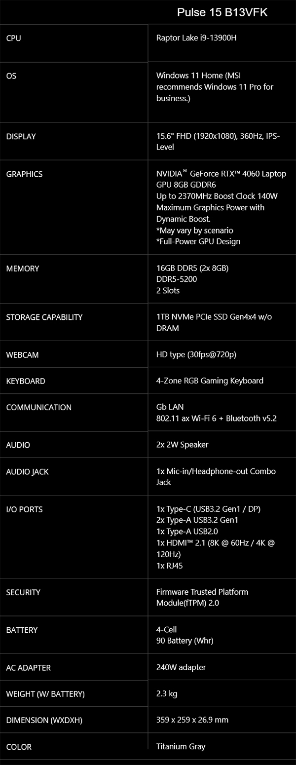 MSI Pulse 15 B13V 15.6" FHD Gaming Laptop i9-13900H 16GB 1TB RTX4060 W11H