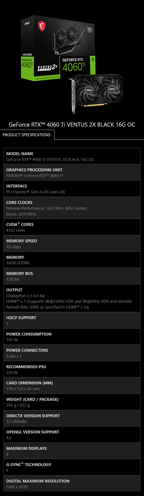 MSI GeForce RTX 4060 Ti VENTUS 2X BLACK OC 16GB Video Card