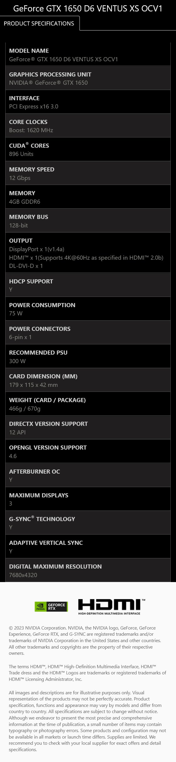 MSI GeForce GTX 1650 D6 VENTUS XS OC V1 4GB Video Card - Specs