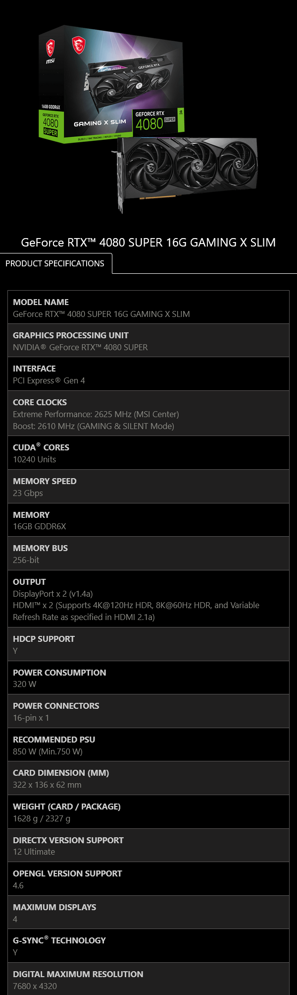 MSI GeForce RTX 4080 SUPER 16G GAMING X SLIM