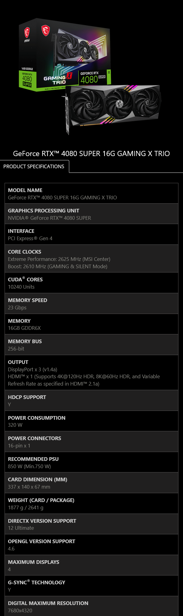MSI GeForce RTX 4080 SUPER GAMING X TRIO 16G Video Card