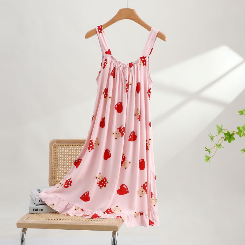 纯棉薄款夏季吊带 睡裙-粉色草莓熊
