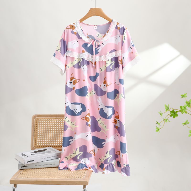纯棉薄款夏季睡裙-柯基-粉色