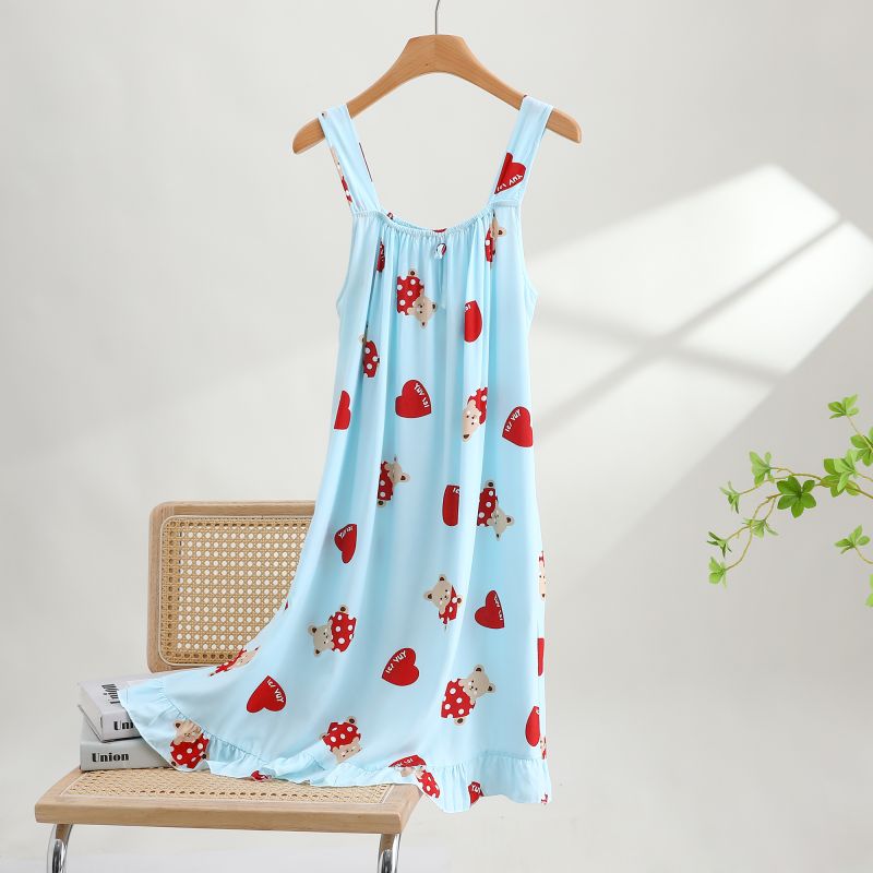 纯棉薄款夏季吊带 睡裙-蓝色草莓熊