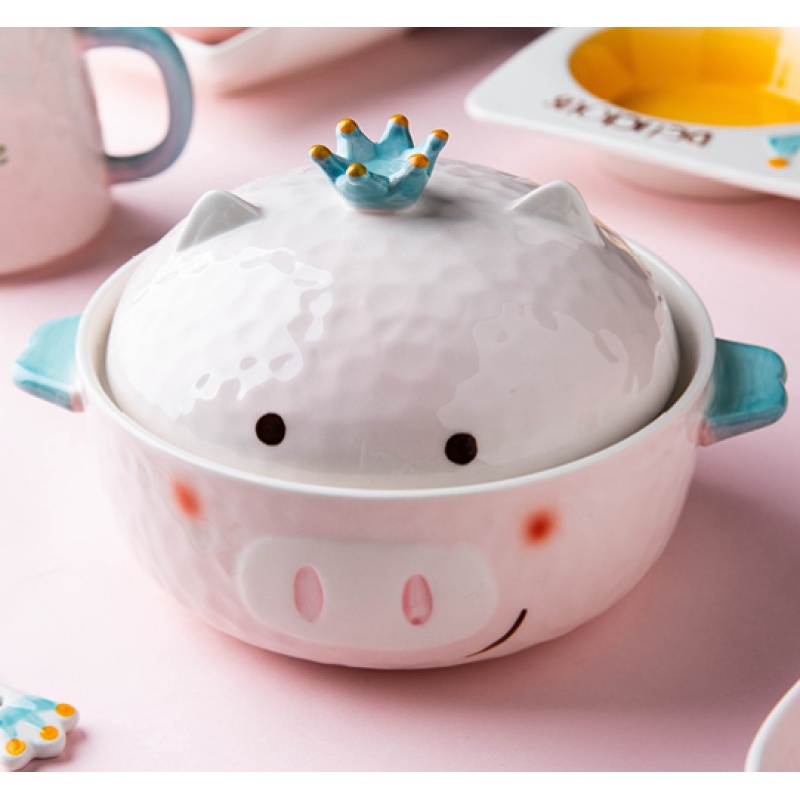 ACEden摩登主妇 可爱少女心带盖泡面碗 创意双耳陶瓷汤碗 - 可爱猪带盖面碗