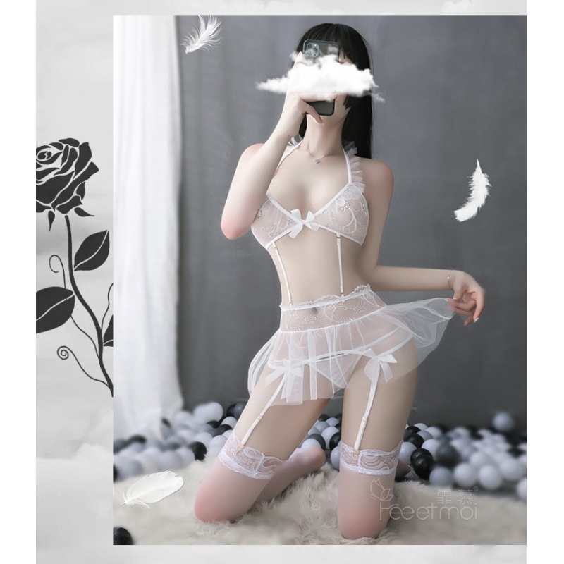 【456】性感吊袜带激情蕾丝三点式网纱短裙