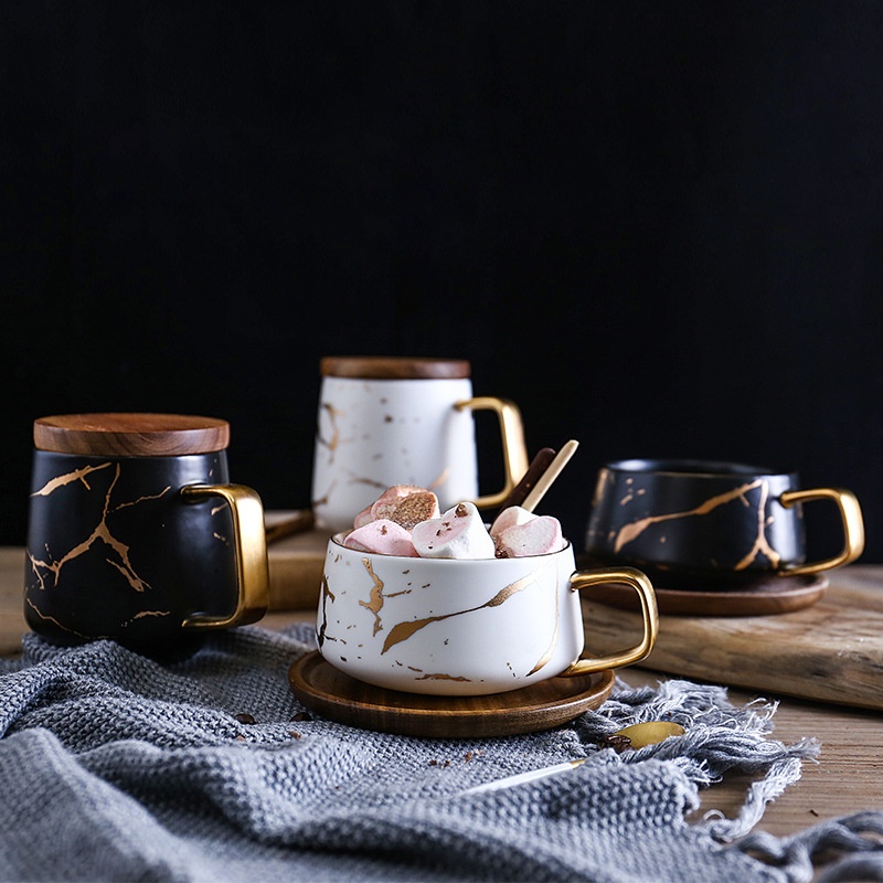 ACEden 大理石纹哑光金品咖啡杯 日式黑白金纹陶瓷茶杯马克杯配木板 杯碟