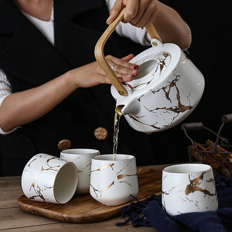 ACEden 大理石纹家用茶具套装 日式黑白陶瓷下午茶杯配相思木底托 茶壶