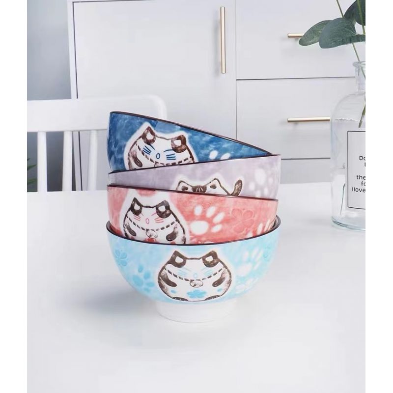 4.5寸卡通陶瓷碗 简约组合面碗可爱招财猫四碗盘 日式餐具碗 四碗套装