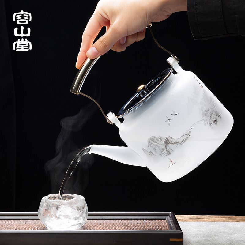 容山堂月光壶玻璃烧水壶大容量中式水墨耐热煮茶壶