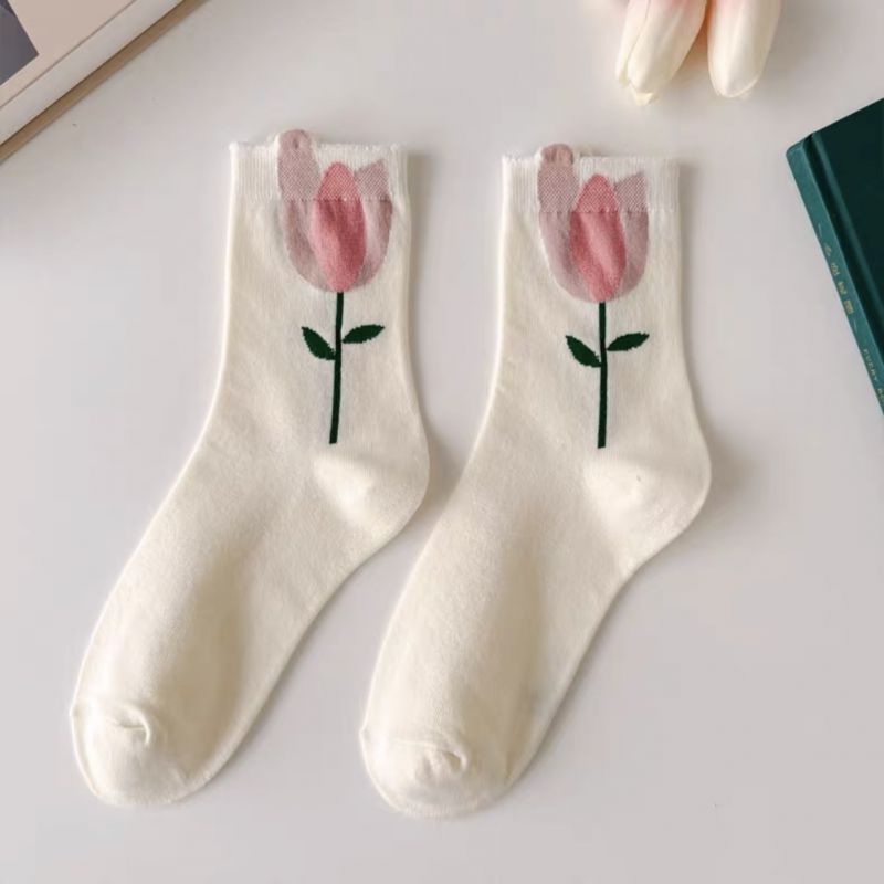 【四季】白色郁金香可爱纯棉中筒袜