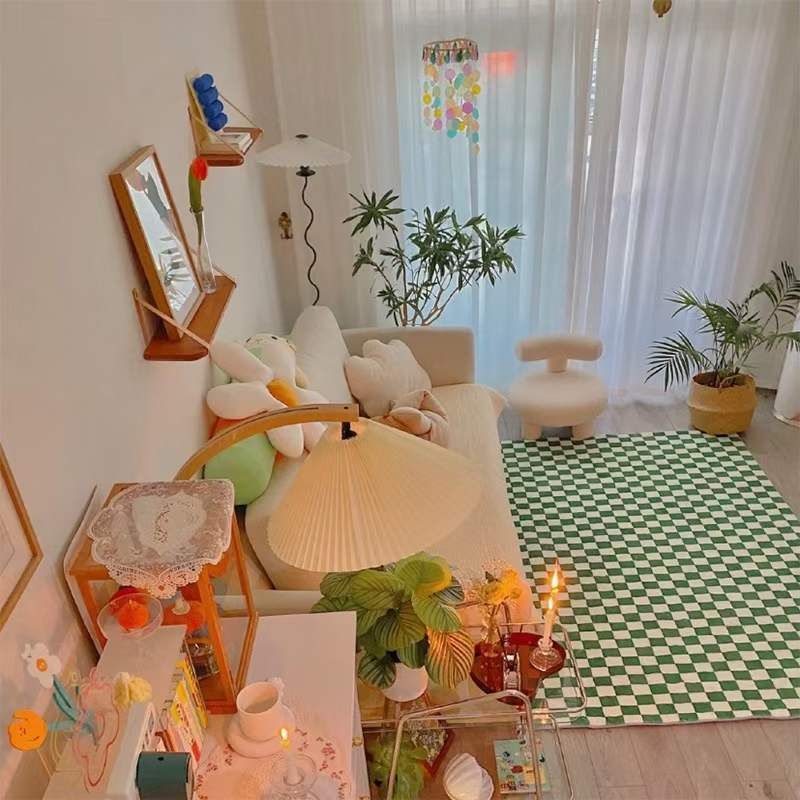 复古棋盘格地毯客厅卧室现代简约绿白格子仿羊绒茶几毯