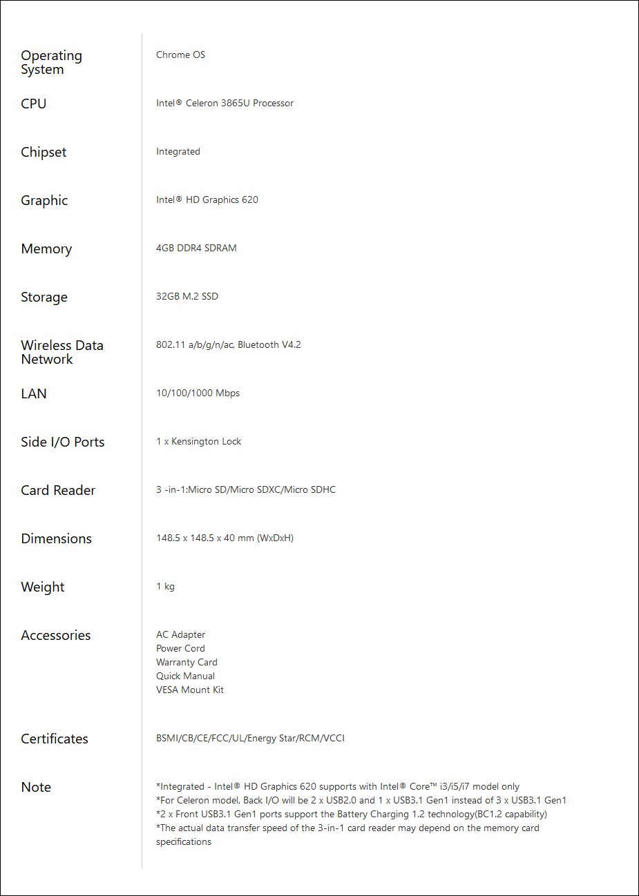 ASUS CHROMEBOX3-C3865M4S32 Intel 3865U 4GB RAM 32GB SSD Chrome OS - Overview 2