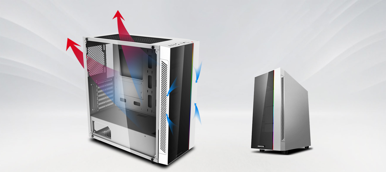 2 images of the MATREXX 55 case, the left image is facing to the right with red and blue arrows indicating how airflow works, and the left image is the full case in the distance facing to the left