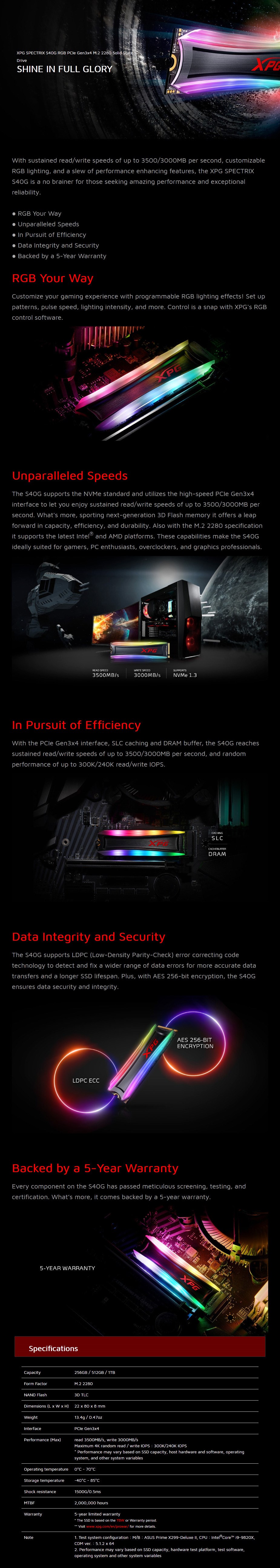 ADATA XPG Spectrix S40G 256GB RGB M.2 NVMe SSD AS40G-256GT-C - Overview 1
